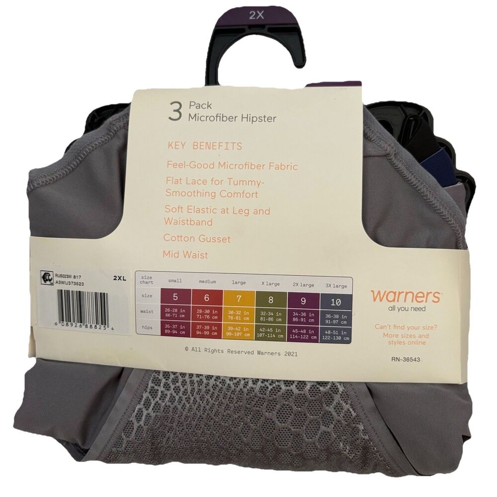 Warners Hipster Panties 2X Blissful Benefits Tummy Smoothing 3 PK Blk Blue Gray - Picture 5 of 9